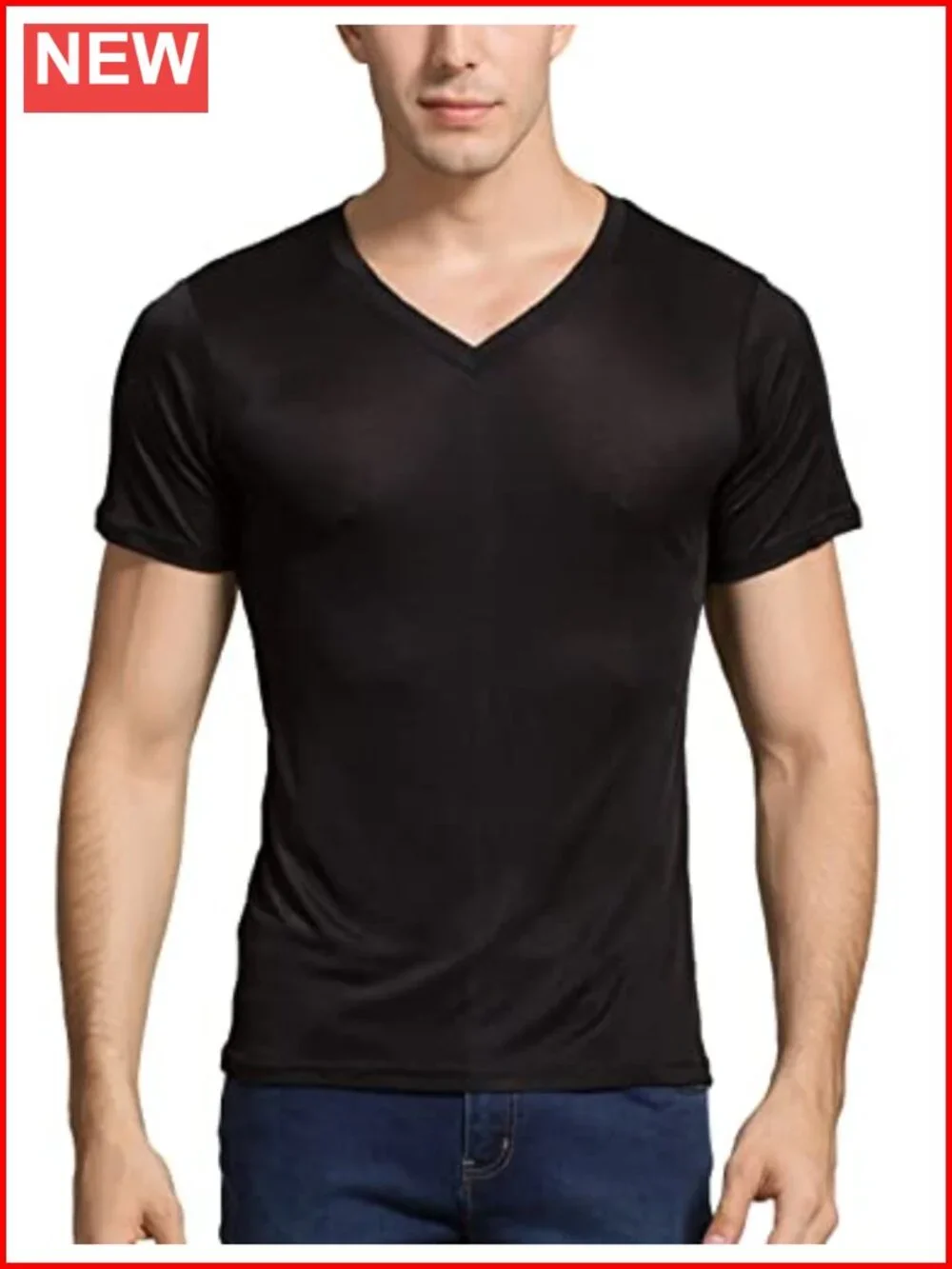 100% Mulberry Silk Men's V-Neck Short Sleeve Undershirt Tee Breathable